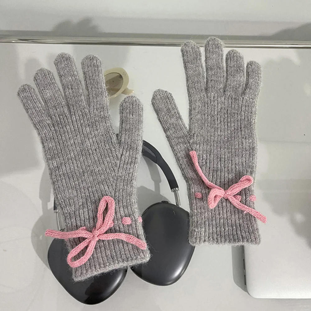 1Pairs Outdoor Women's Autumn Winter Thicken Gloves Bow Knotted Y2k Warm Emo Gloves Long Grey Vintage Gloves Knitted Gloves