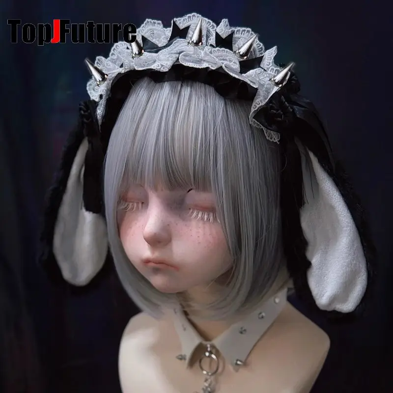 

Dark Gothic Lolita Handmade Plush Rabbit Ears Rivet Leather Buckle Headband Subculture Y2K Women's Hair Hoops Hair Accessory