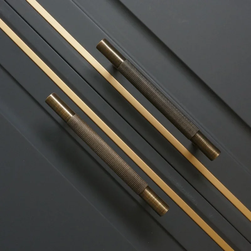 Antique Long Knurled Handle Kitchen Cabinet Door Handles Drawer Pulls Solid Brass T Bar Knobs Wardrobe Closet Furniture Hardware
