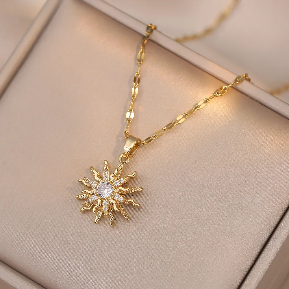 Rotating Flower Pendant Stainless Steel Chains Necklaces For Women Antique Gold Color White Zircon Sun Clavicle Necklace Jewelry