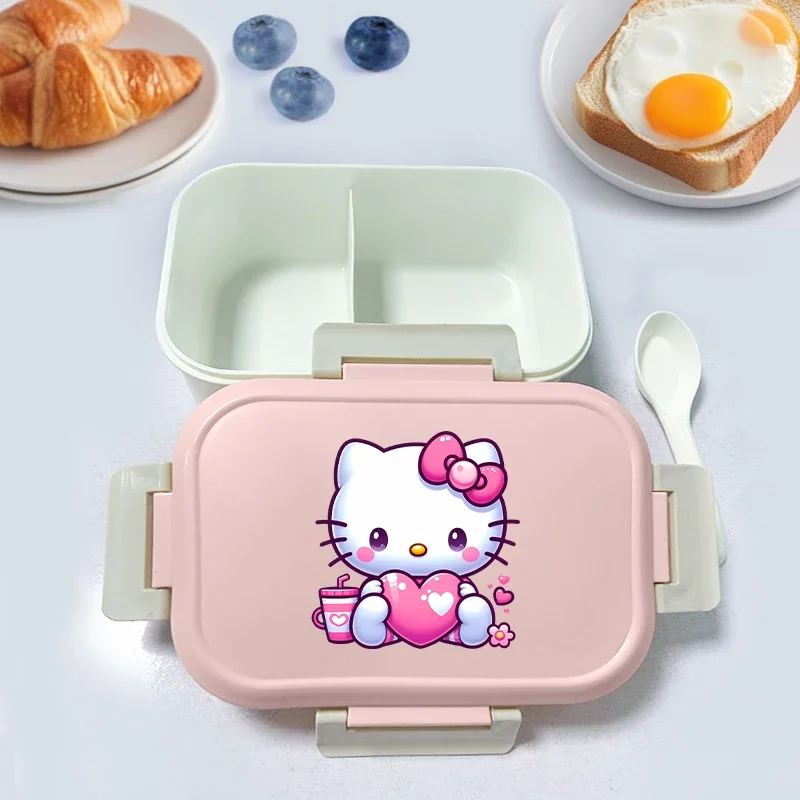 Fiambrera para almacenamiento de aperitivos, bonito estampado para estudiantes, actividades al aire libre, contenedor de comida portátil con cuchara, almacenamiento de aperitivos de moda de dibujos animados