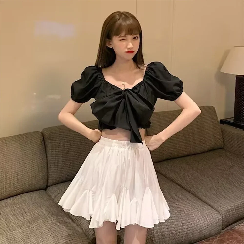 

Fashion Summer New Ruffled Skirt Elastic Waist Thin Women A-line Pleated Puffy Preppy Style Solid Color Simple Casual Korean