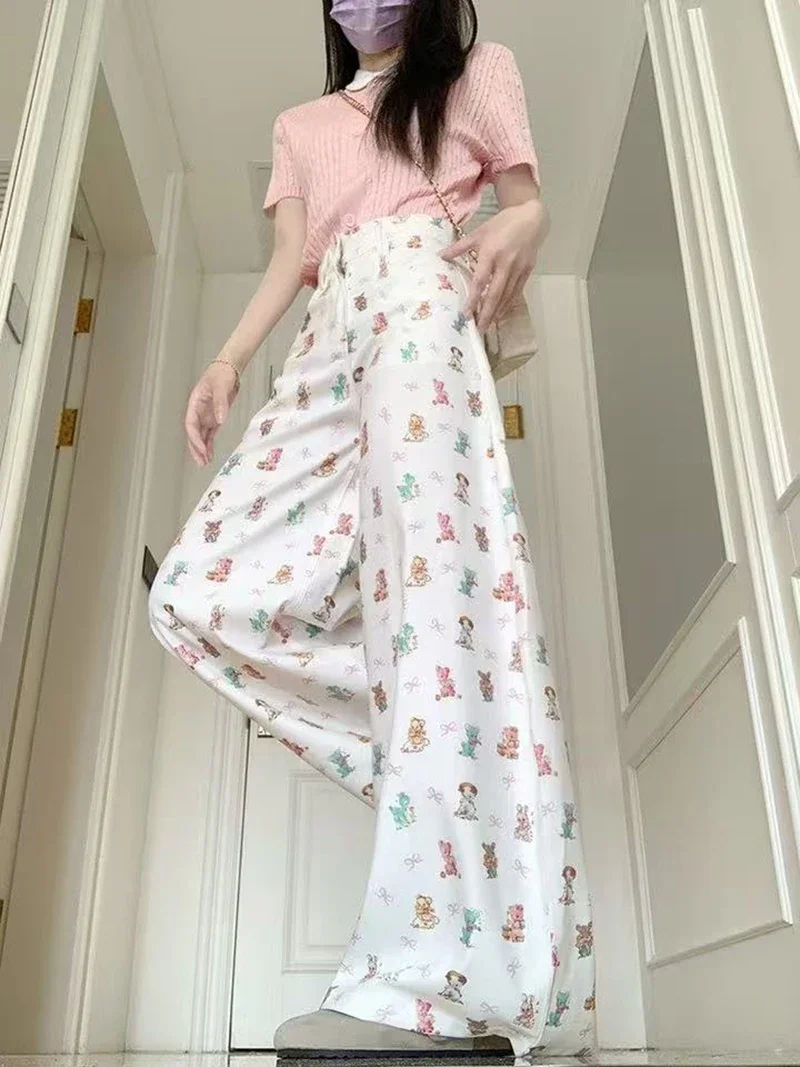 

Vintage White Cartoon Bow Printed Y2k Jeans women High Waist 2000s Wide Leg Denim Pants Streetwear Straight Casual Trousers