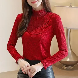 New Long Sleeve Ruffled Women Blouse Lace Adding Velvet Thickening Blouse Shirt Women Tops Blouses Shirts Blusas Para Mujer M629