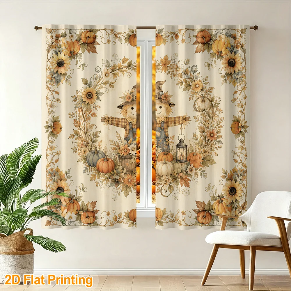 2PCS Digital Print Curtains, Autumn Scarecrow Sunflower Pumpkin Flower Pattern, Vintage Hand-Drawn Style for Dining ／ Fall Farm