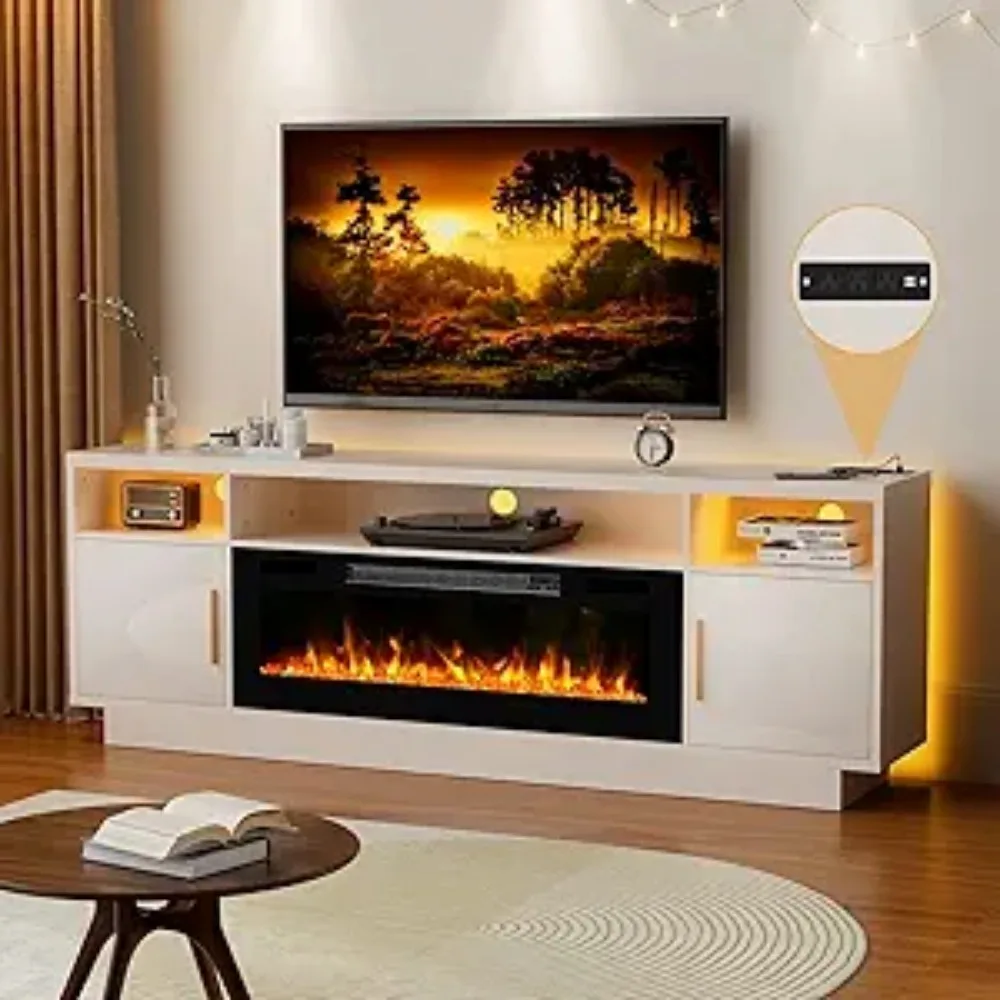 

70'' TV Stand with 36'' Fireplace-LED Light Entertainment Center for 75+ inch TV-White TV Cabinet Console for Living Room