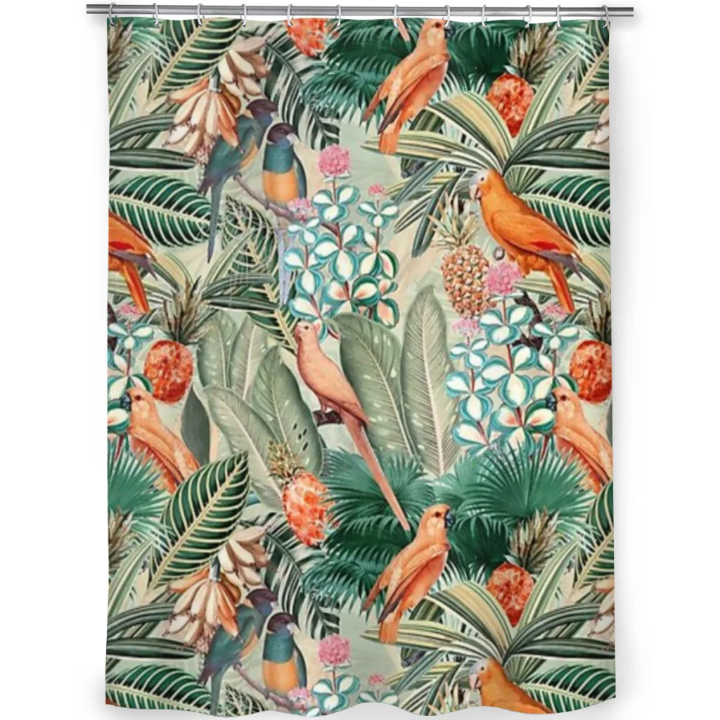 Vintage Orange Tropical Bird Jungle Botanical Garden Shower Curtain for Bathroom  Aesthetic Room Decoration