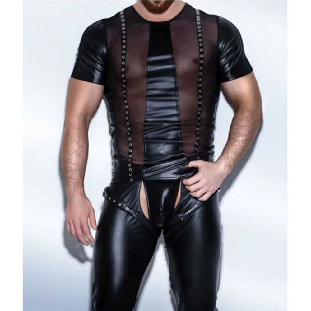 Men's PU Leather T Shirts Men Undershirts Sexy Fitness Tops Gay T-shirt Tees Mens Stage T-shirt O-Neck Sexy Men Casual Clothes