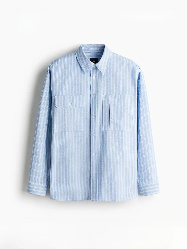 

H&M Men's Oxford Cloth Shirt Loose Fit Summer New Style Long Sleeve Button up Casual Cotton Workwear Regular Length Cardigan