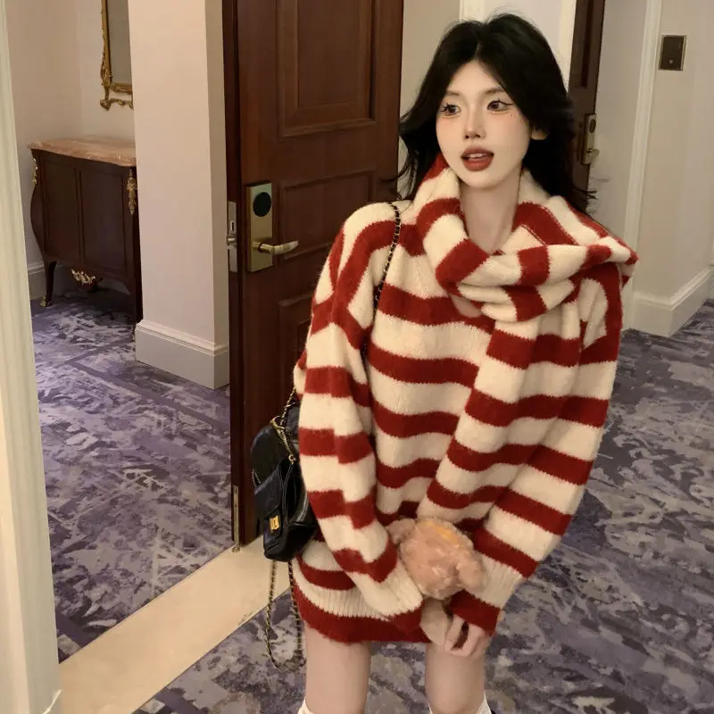 

Pullovers Women Striped Minimalist Knitting Comfortable Loose All-match Leisure Popular Korean Style Female Tender Autumn Sweet