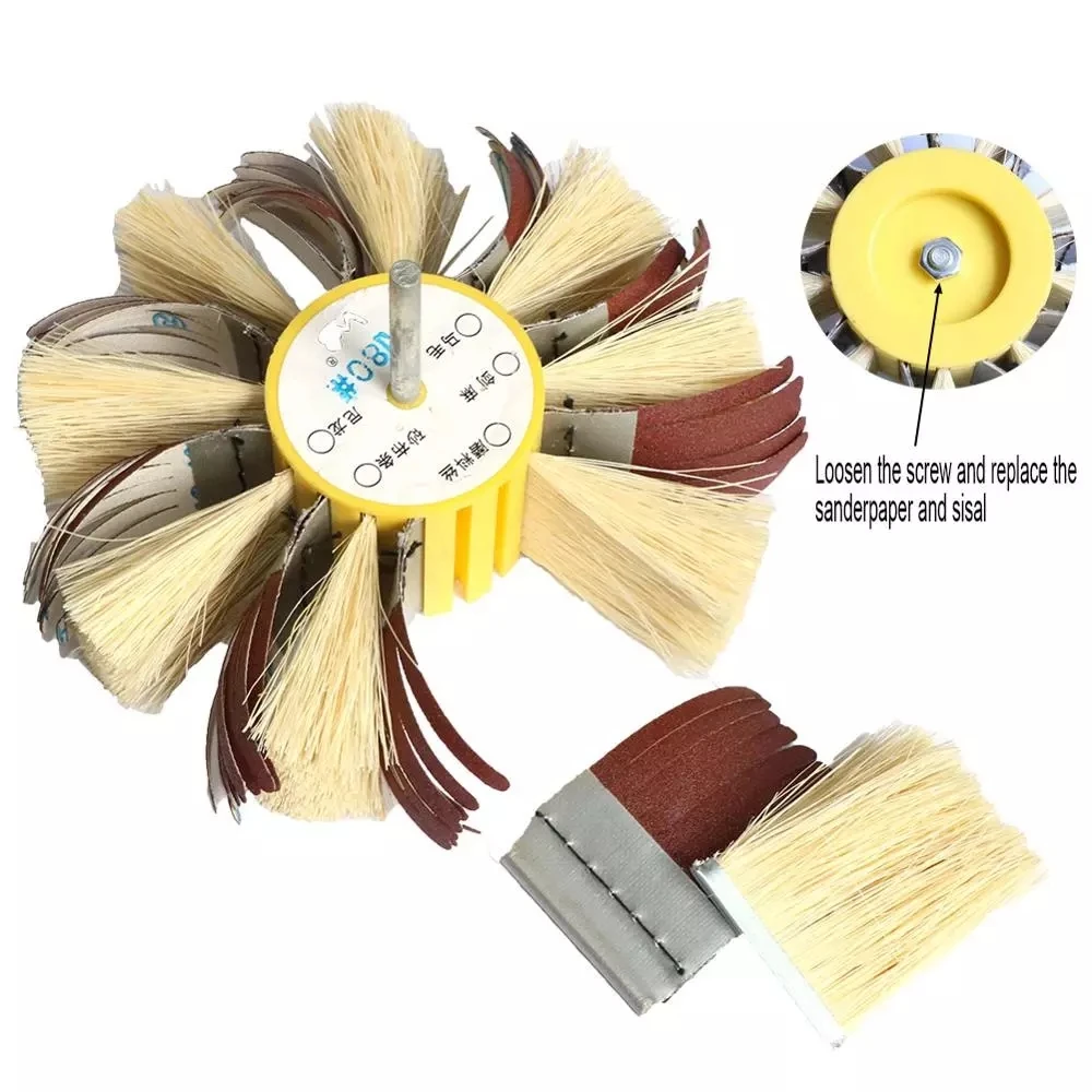 1PC 150mm*6mm Shaft Mounted Sisal & Emery Cloth Bristle Polishing Brush Wheel for Wood Primer Sanding 80-400Grit