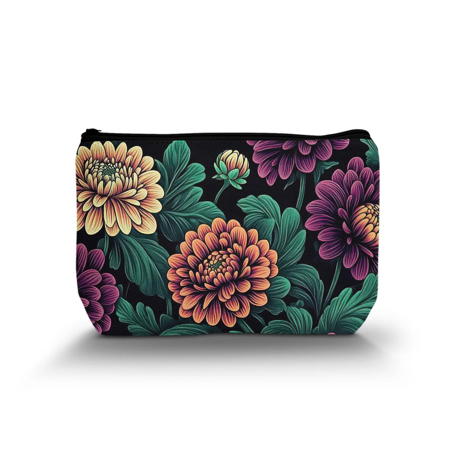 1Pc Vintage Floral Cosmetic Bag Country Style Plant Flower Theme Black Background Cosmetic Bag With Zipper 8.66X5.51Inch