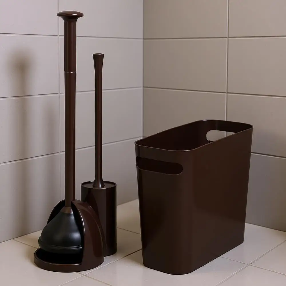 

Compact 2-in-1 Toilet Bowl Brush and Plunger Combo, Plastic Wastebasket, Home Bathroom Storage, Sturdy Cleaning Tools, Set of 2,