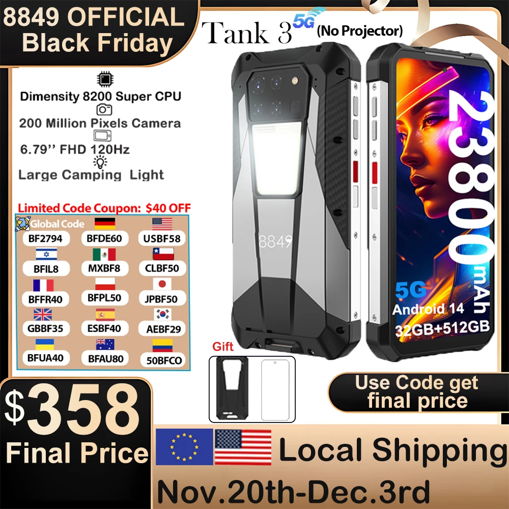 8849 Tank 3 Rugged Smartphone Android 5G 32+512GB 23800mAh 120W Charger 200MP 120Hz GPS Dual SIM Cell Phone