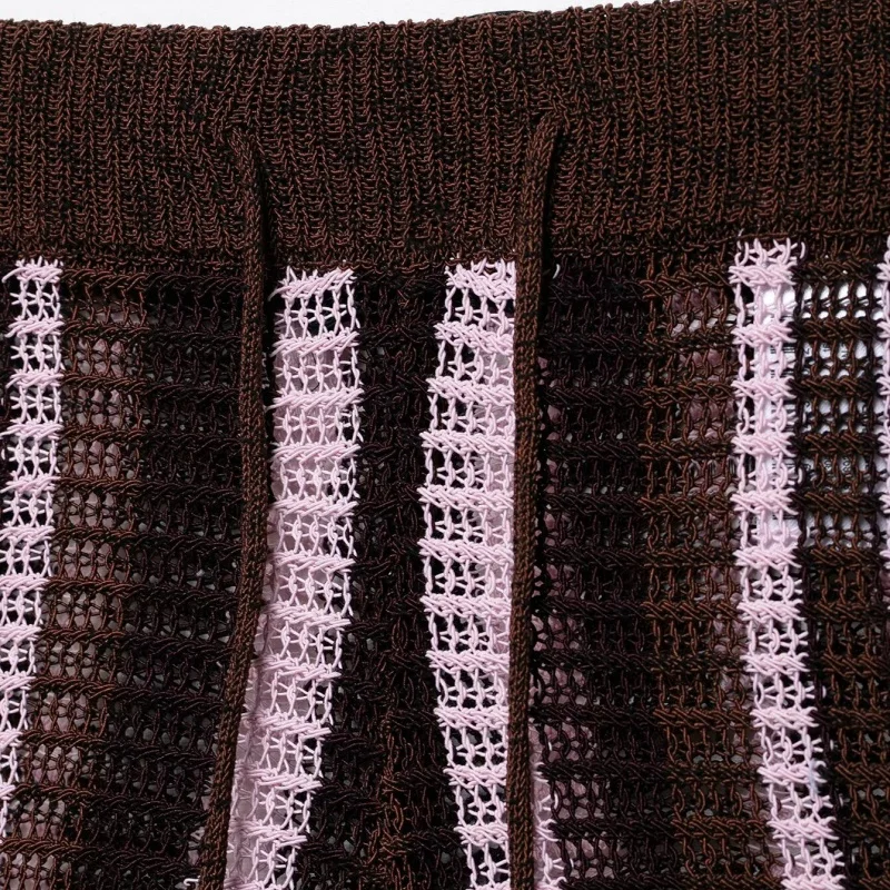 여성 빈티지 니트 스트라이프 반바지 세트 폴로 칼라 반팔 풀오버 스웨터 하이 웨이스트 스트레이트 반바지 여름 streetwear