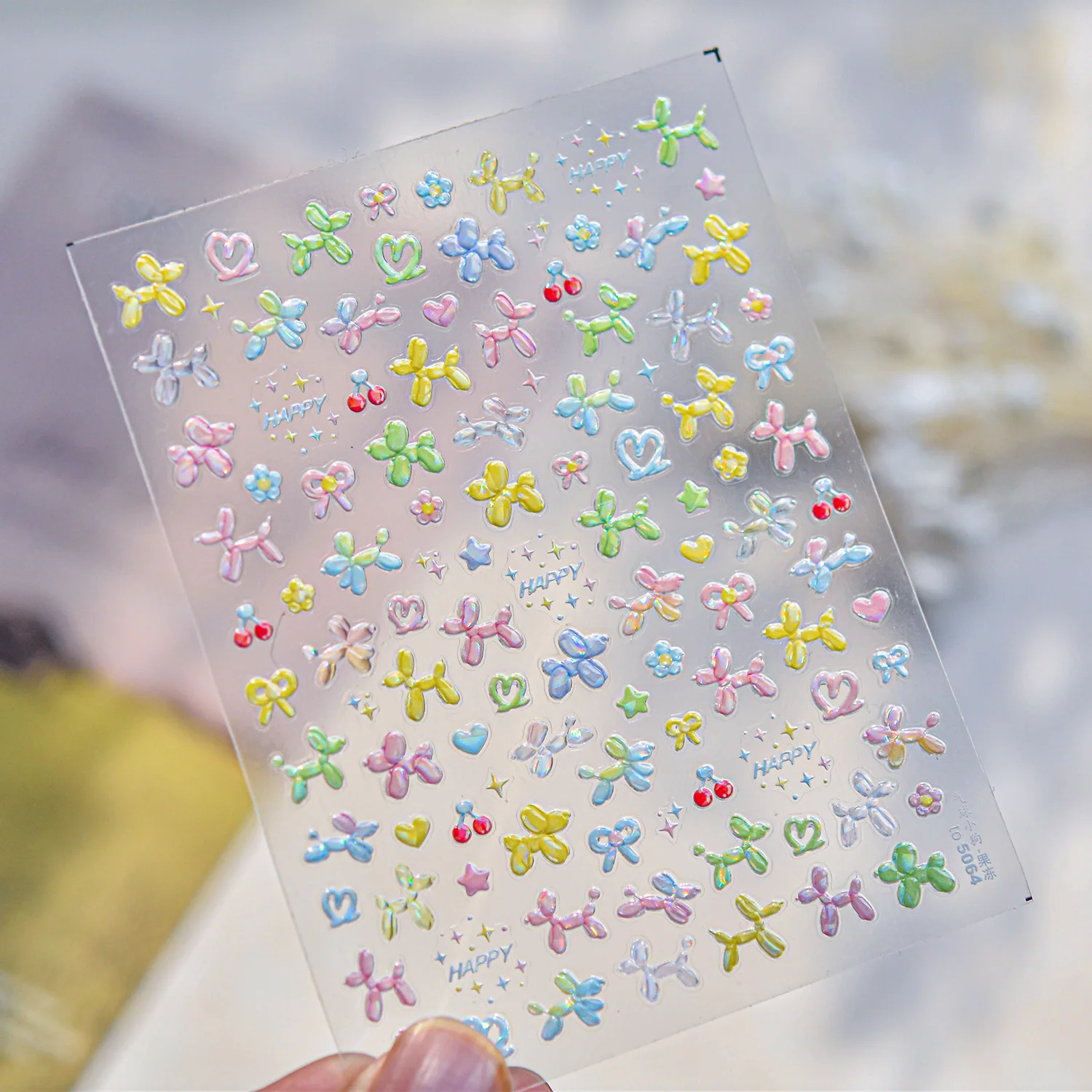 Balloon Puppy Jelly 5D Nail Art Stickers 3D Cute Love Bows Cherry Adhesive Nail Stickers Manicure Decals DIY Nail Accessories