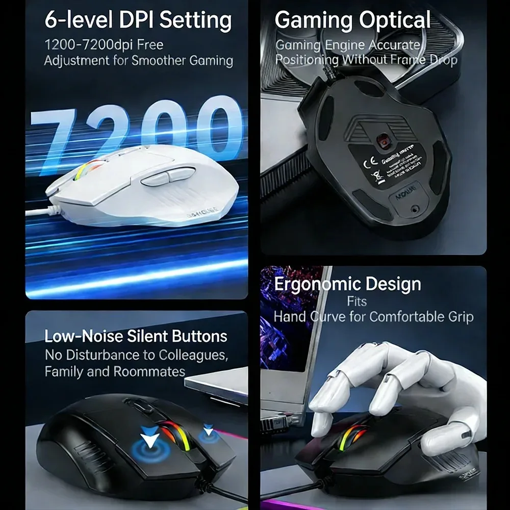 Wired Gaming Mouse RGB Light 7200DPI Adjustable Mouse 6-Button Cord Ergonomic Mice USB Silent Mouse for Desktop Laptop PC