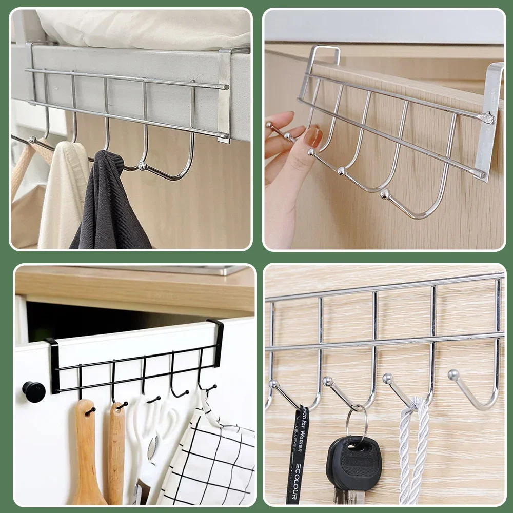 5 Punch-Free Hooks Door Rear Stainless Steel Storage Holder Kitchen Bathroom Cabinet Back Type Coat Towel Hanger Organizer Gifts