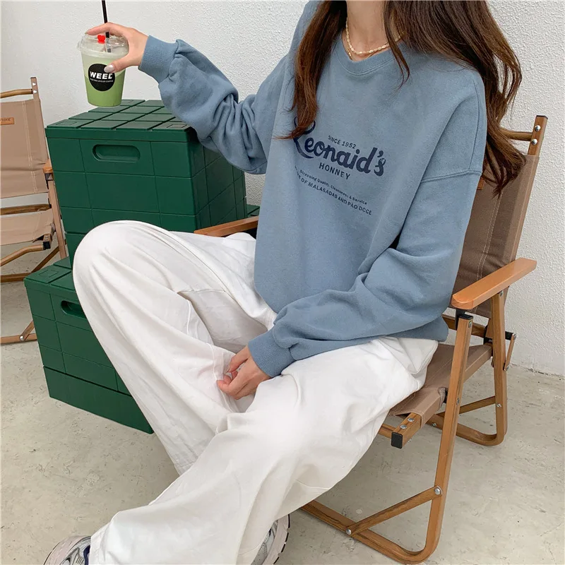 Korean Chic Hoodies Letter Embroidery Y2k Sweatshirts 2025 Women Casual Oversized Tops O-neck Long Sleeve Streetwear Ropa Mujer