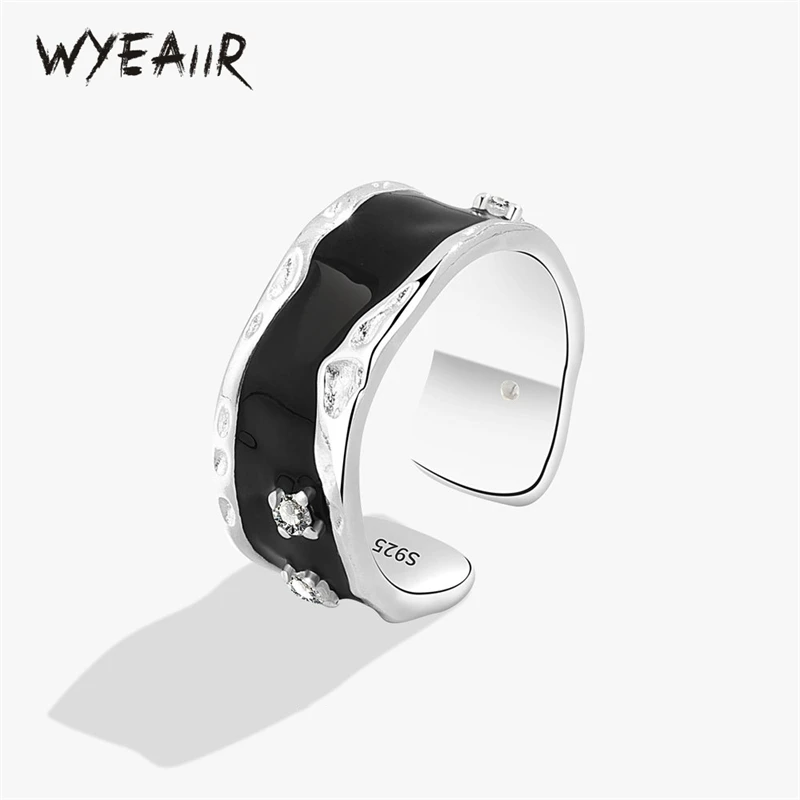 

WYEAIIR INS Geometric Black Drop Glaze Wave 925 Sterling Silver Resizable Opening Ring For Women Luxury Jewelry