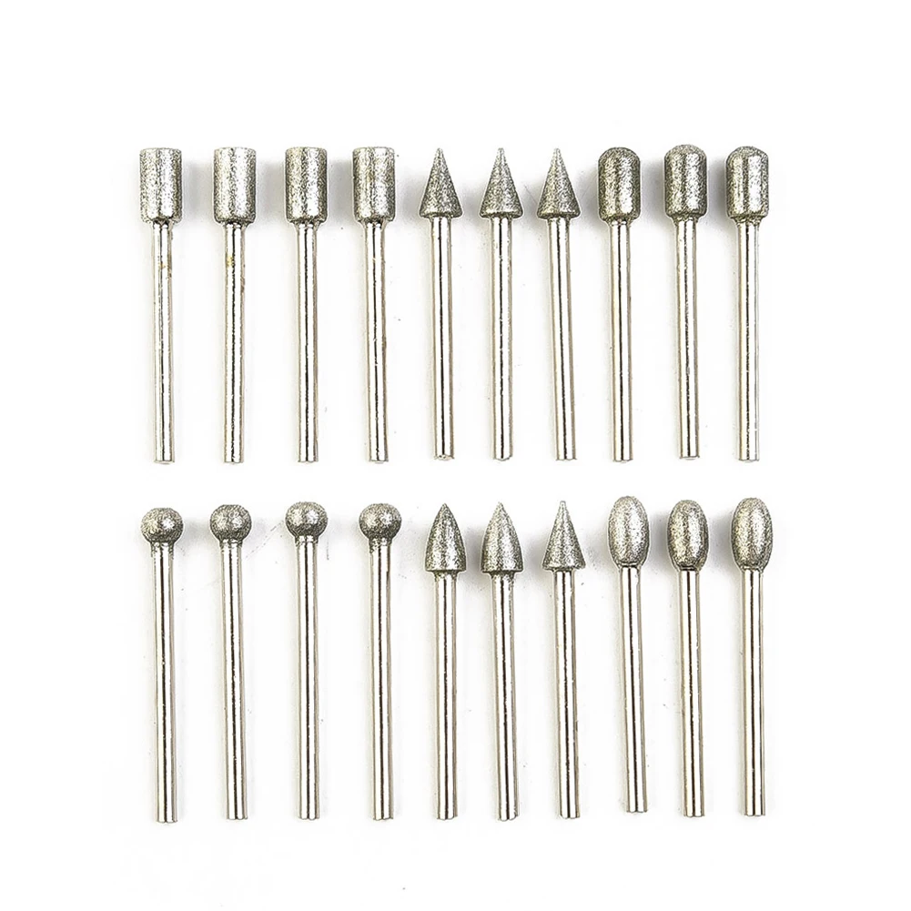 20pcs 3mm Diamond Grinding Heads Shank Burr Drill Bits Set 120 Grit Mounted Point Polishing Glass Stone Jade Engraving Accessory