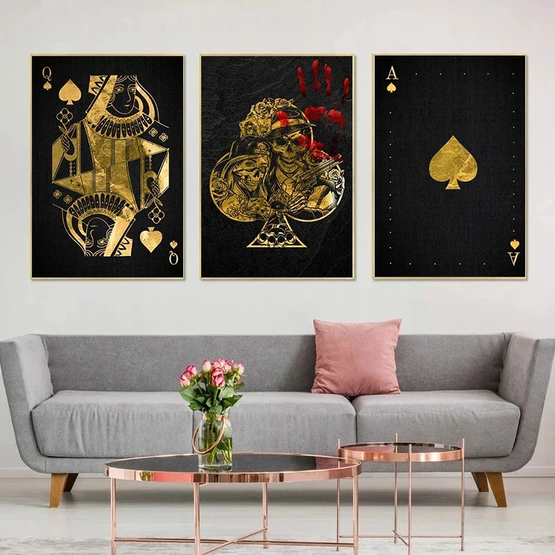 Jack Queen and King Playing Cards Ace of Spade Card Golden Poker Poster Art Canvas Painting for Living Room Home Art Decor