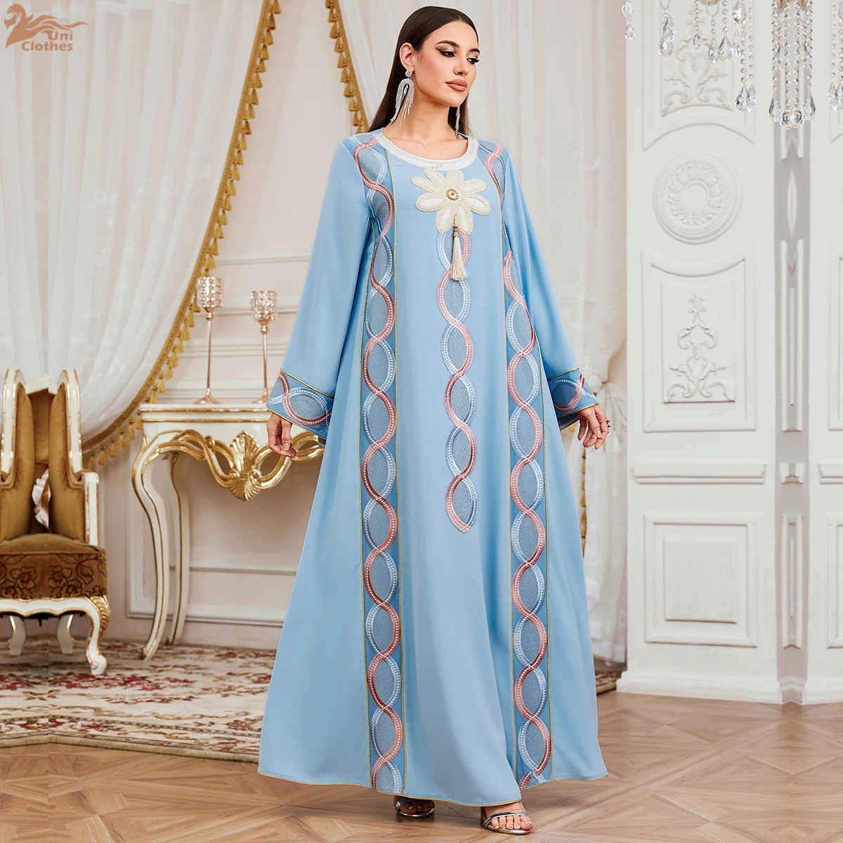 Uni Nieuwe Moslim Elegante Vrouwen Avondjurk Dubai Bloemen Borduren Maxi Abaya Kwastje Vrouwelijke Kleding 2026