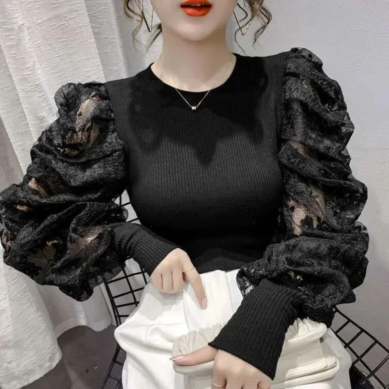 Korean Lace Patchwork Slim T Shirts Spring New Long Sleeve Solid Color Elegant Tops Tees Temperament Vintage Women Clothing