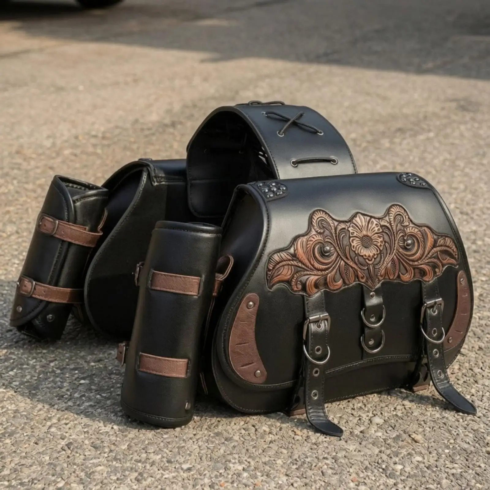 Motorcycle Saddle Bag PU Leather Side Pouch with Stitched Trim for Cruiser Scooter Travel Gear Secure Storage