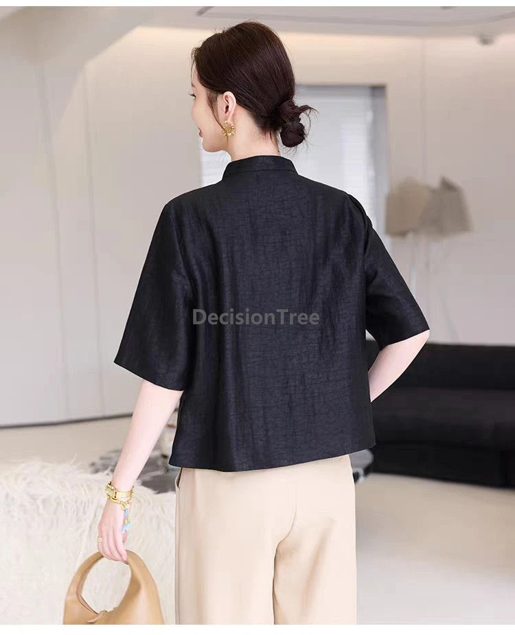 Summer Crack Pattern Chinese-Style Women Shirt Casual Loose Black Rayon Blouse Daily Office Lady Summer Elegant Buckle Top