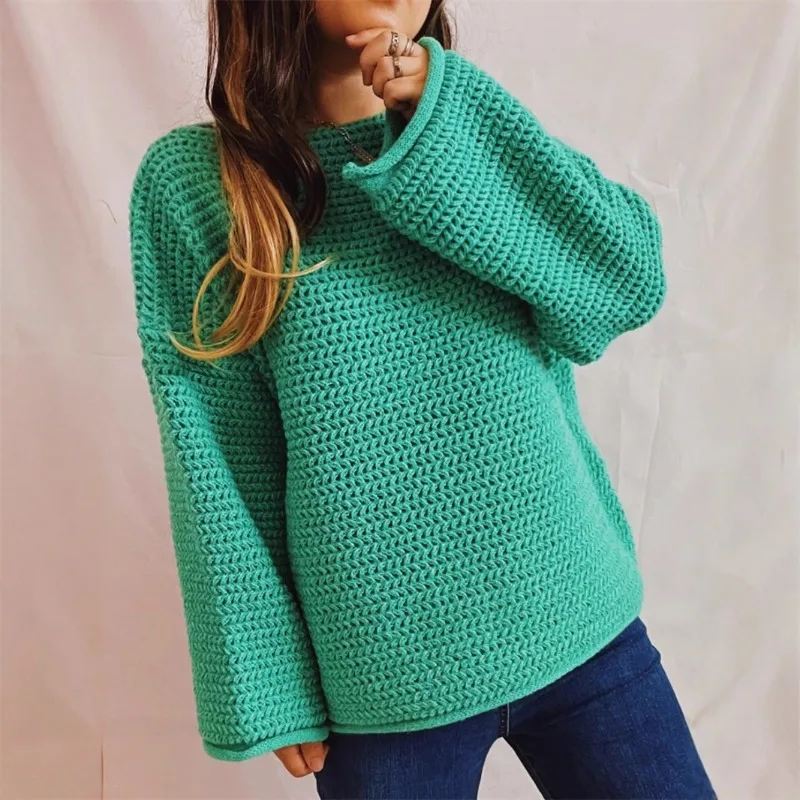

Women'S Green Sweater Soft Knitted Pullover Loose Fit Long Sleeve Round Neck Casual Comfortable Fall Winter Tops Minimalist