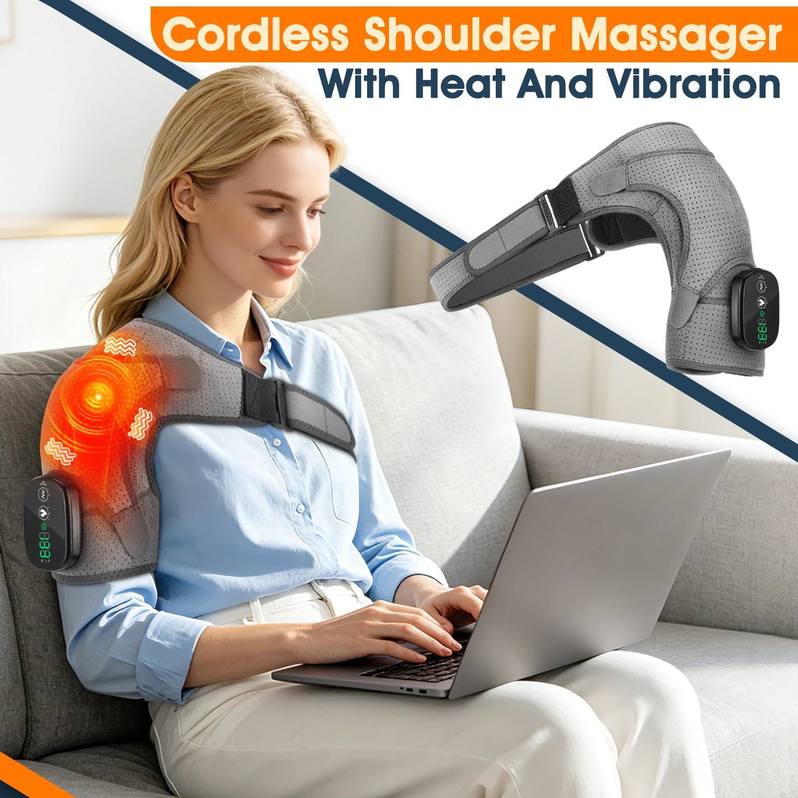 Heated Shoulder Massager Wrap Electric Vibration Massage Support Strap Smart LED Display Cordless Heating Pad Muscle Relaxation