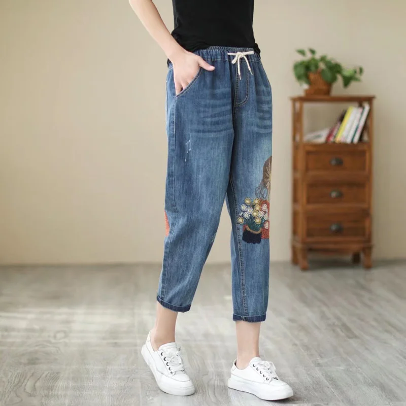 Jeans für Frauen Vintage Mädchen Stickerei Harems hose 2023 Sommer Herbst lässig Schnürung Denim Capri hose hohe Taille Baggy Jeans Femme