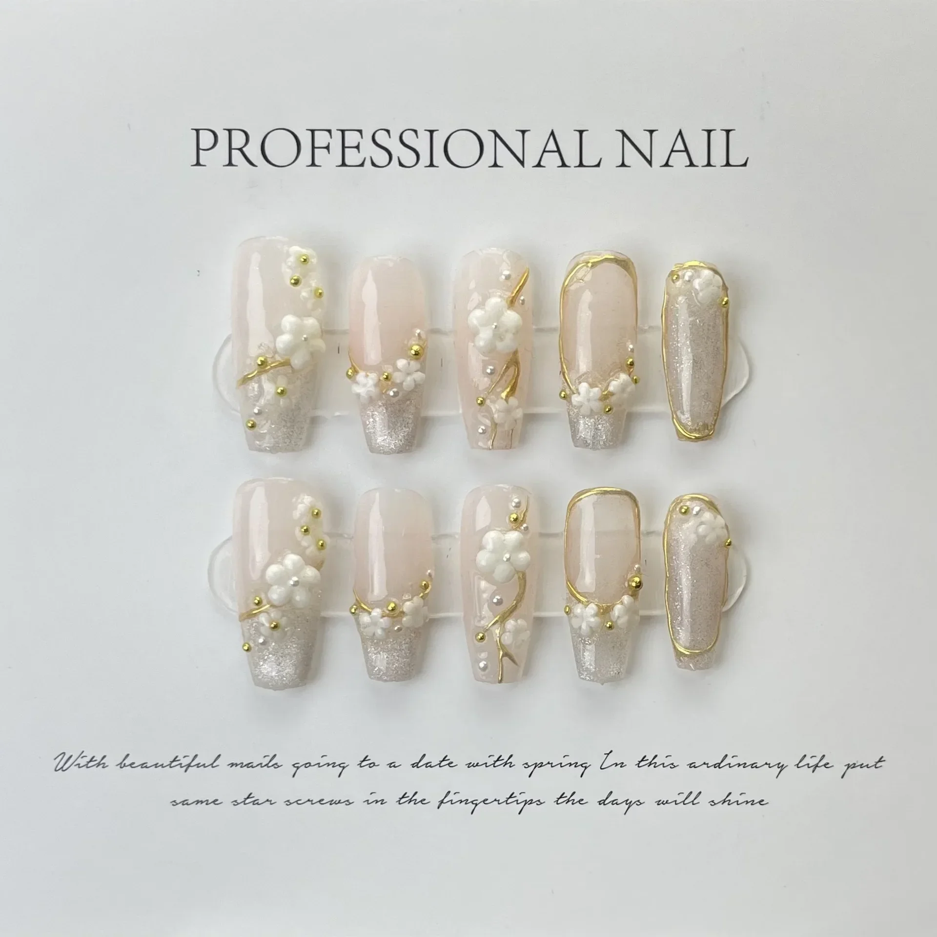 10Pcs French Handmade Press on Nails Colorful Fake Nails with Rhinestone Design Wearable Stick-on Nails Full Cover False Nail