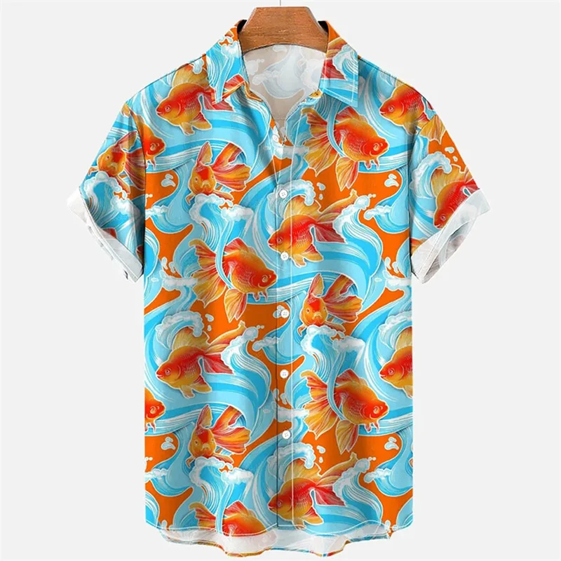 3D Printed Marine Animal Hawaiian Shirt For Men Fish Pattern Blouse Summer Loose Short Sleeve Button Aloha Shirts Lapel Tops