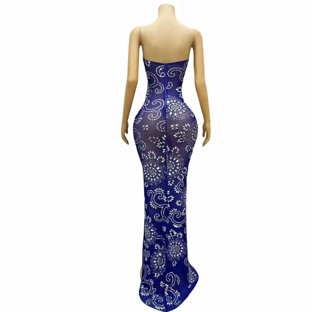 Sexy Luxury Sparkly Rhinestone Blue Dress Women Elegant Strapless Evening Stage Performance Costume Bar Nightclub Curve Dress