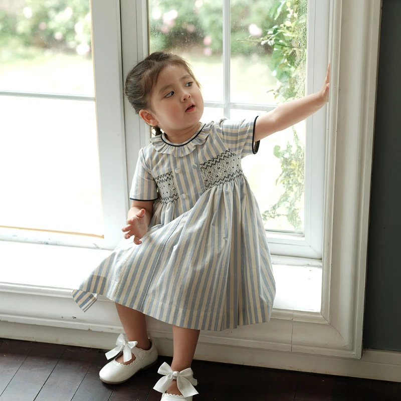 ICJAEHAO 2024 Girl Dress Kids High-end Princess Navy Style Short Sleeve Cotton Outfit Holiday Spring and Summer Matching Clothes