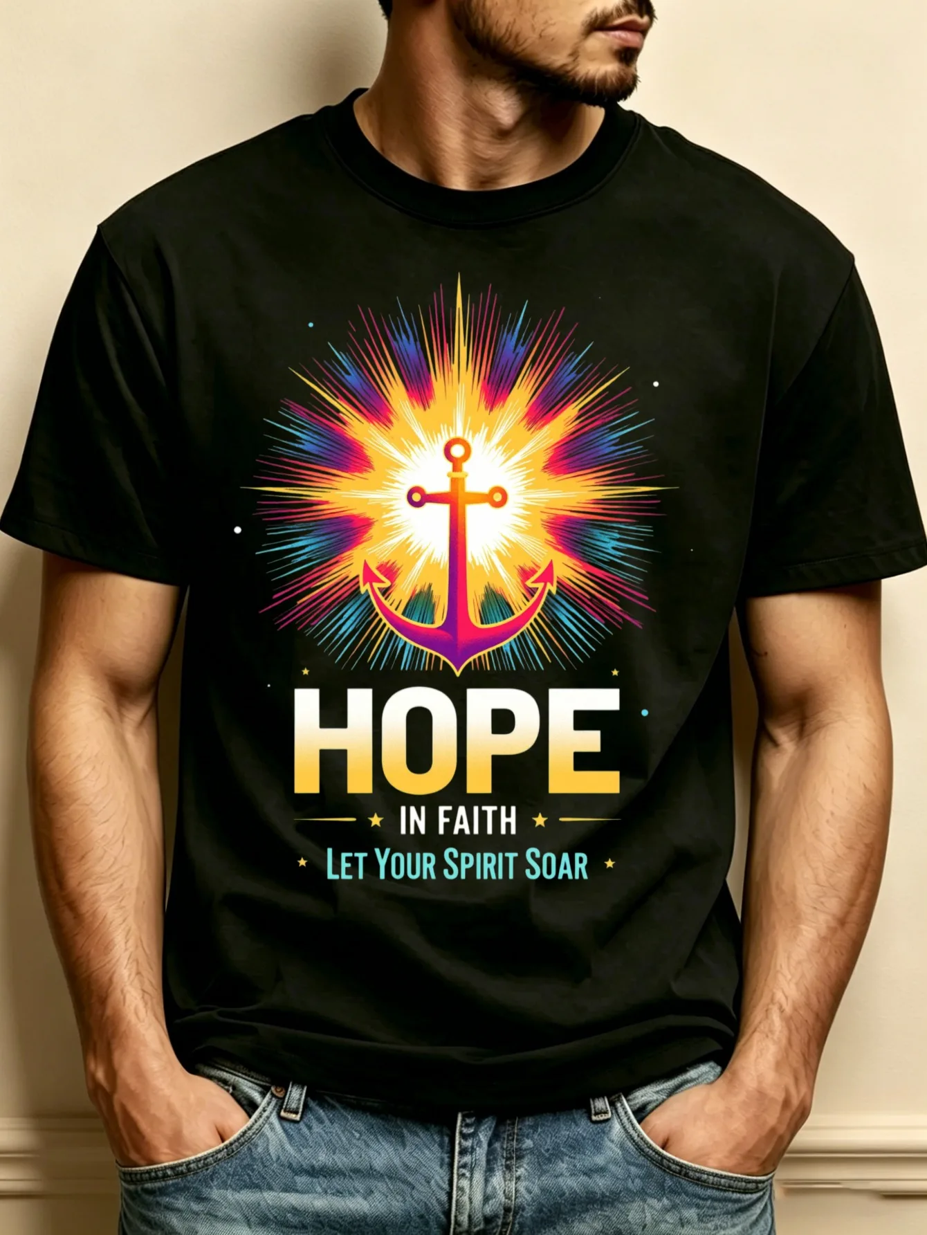 Nautical Style Anchor Faith and Hope Design Men's Crew Neck T-Shirt, Loose Fit, Pure and Fashionable, Versatile, Soft and Comfortable Fabric, Suitable for Daily Wear and as a Gift. Features Brightly Colored Anchor Motifs and Inspirational Text. Ideal Choice for Spring and Summer Wear. a Perfect Gift for Family and Friends during Religious Festivals and Celebrations
