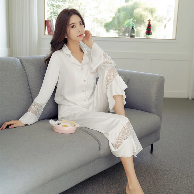 Lace Hollowed Out Ice Silk Pajamas Set Spring Autumn Women\'s 2024 New Imitation Satin High-end Lace Home Suit Sexy Sleepwear