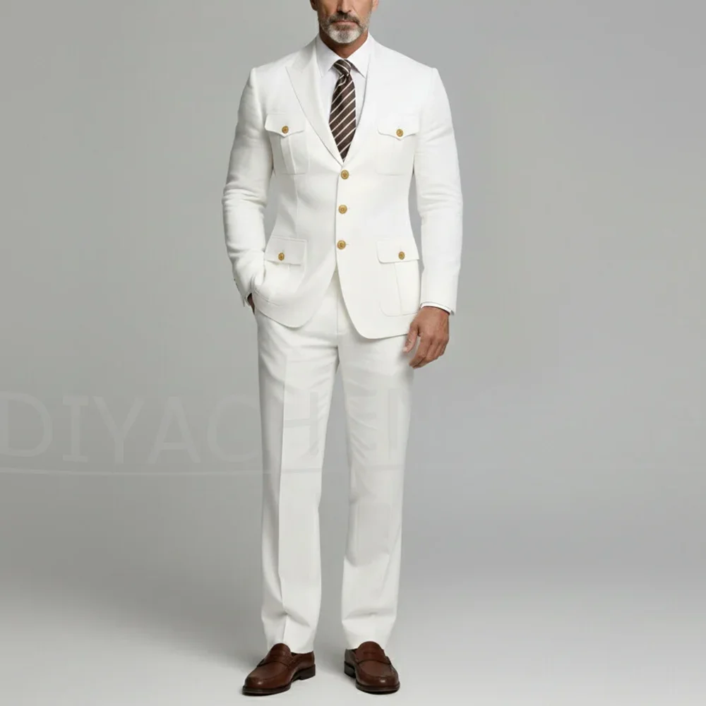 Chic Men's Suit 2 Piece Peak Lapel Multi Pocket Blazer and Pants Single Breasted Slim Outfit Wedding Party Casual Office Suits