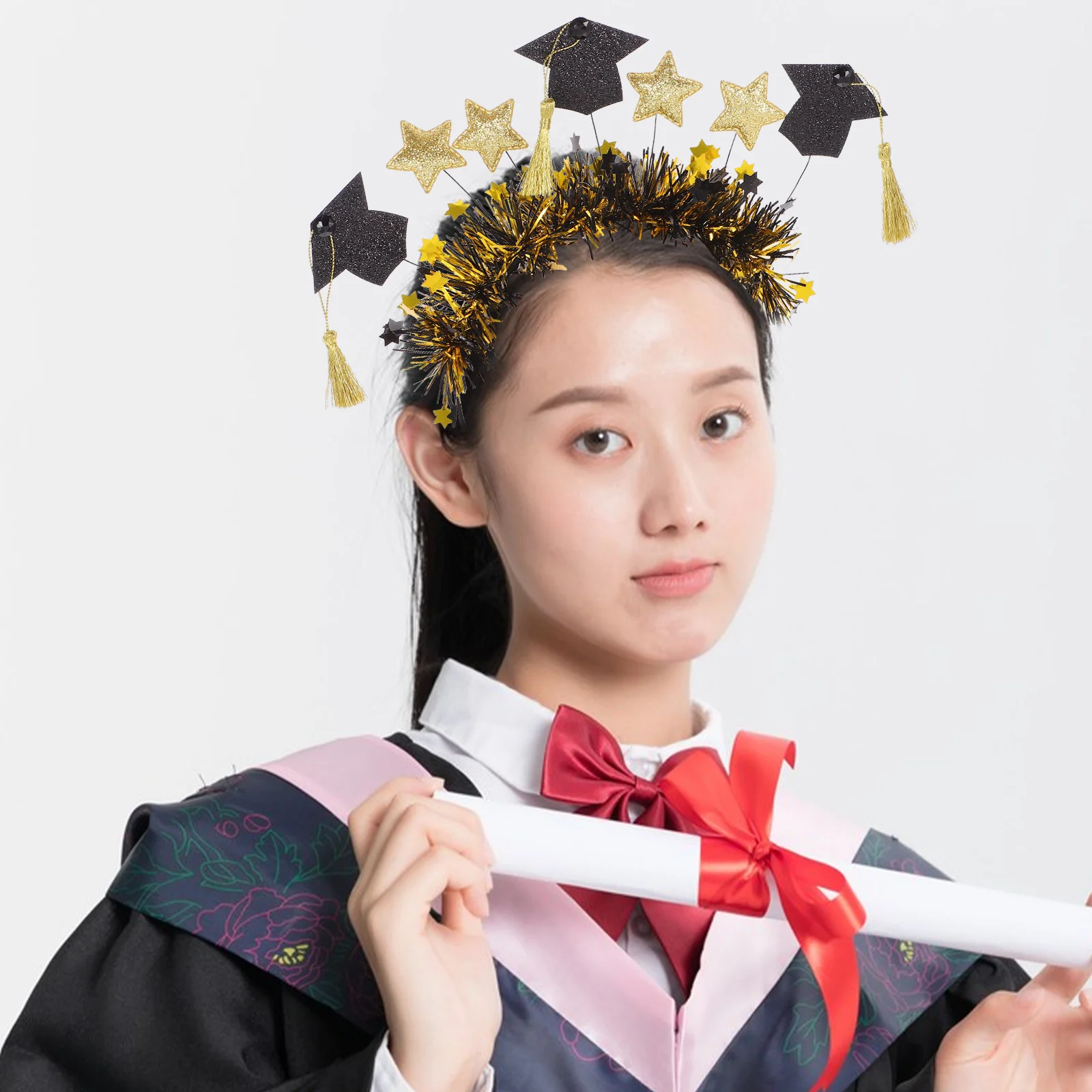 

Black Gold Star Headband Graduation Hair Accessories 2024 Tinsel Party Headbands Grad Cap Bopper Decoration For Teen