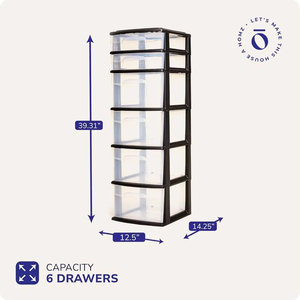 Der Tower, 6-Tier Clear Plastic Storage Organizer Cart, Black e - Heavy-Duty Organizing Ders or Home, Bedroom, and Closet Organi