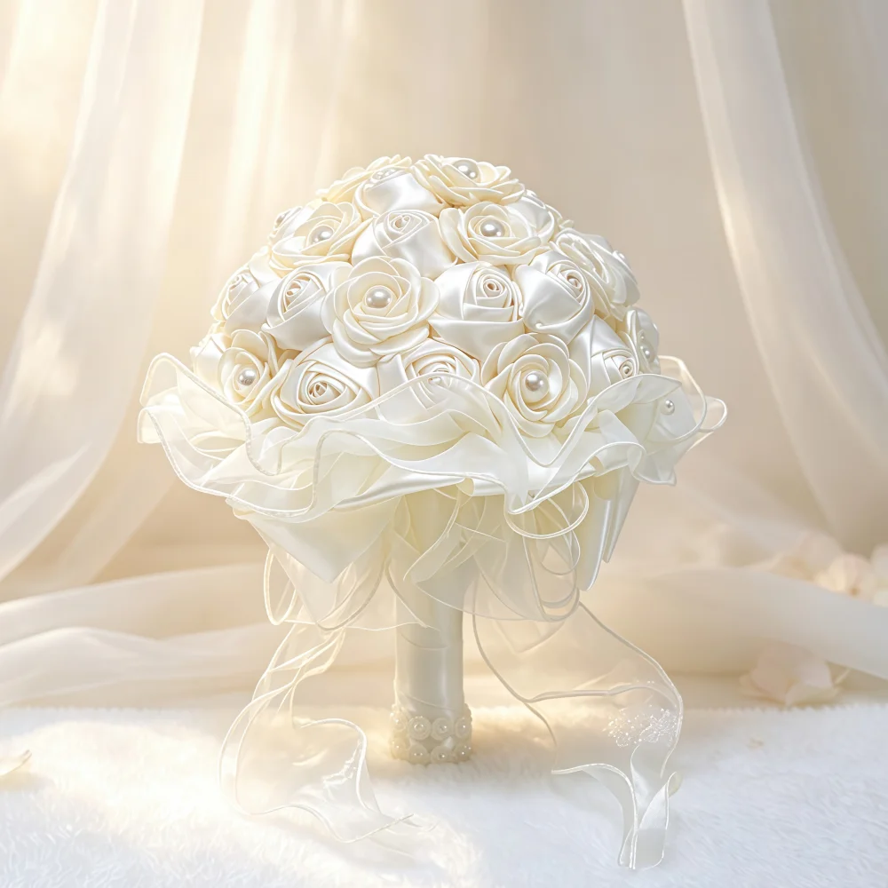 1pc Satin Pearl Bridal Bouquet Artificial Ribbon Rose Throw Toss Flower Bunch for Bride Bridesmaid Engagement Shoot Party Decor