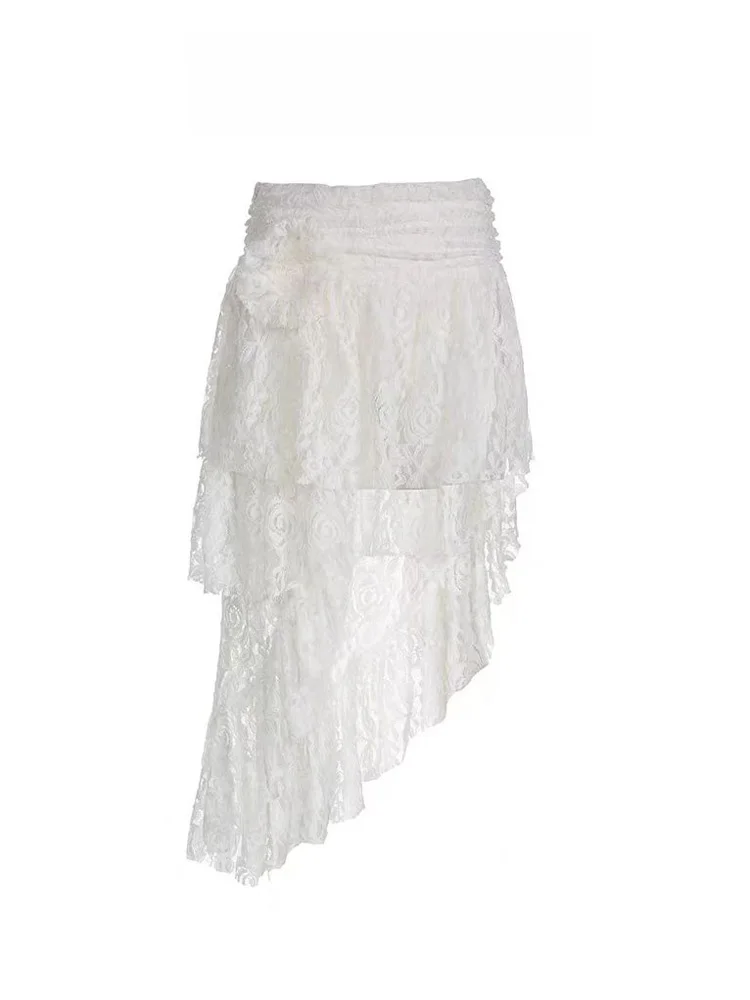 

Sweet And Spicy White Irregular Lace A-Line Midi Skirt for Women Summer Design Asymmetrical High Waist f-length Skirts