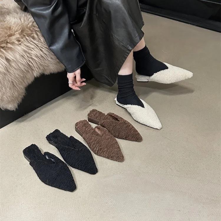 2024 Spring Woman Fur Mules Slippers Fashion  Slides Shoes Ladies Elegant Outdoor Street Style Low Heel Footwear