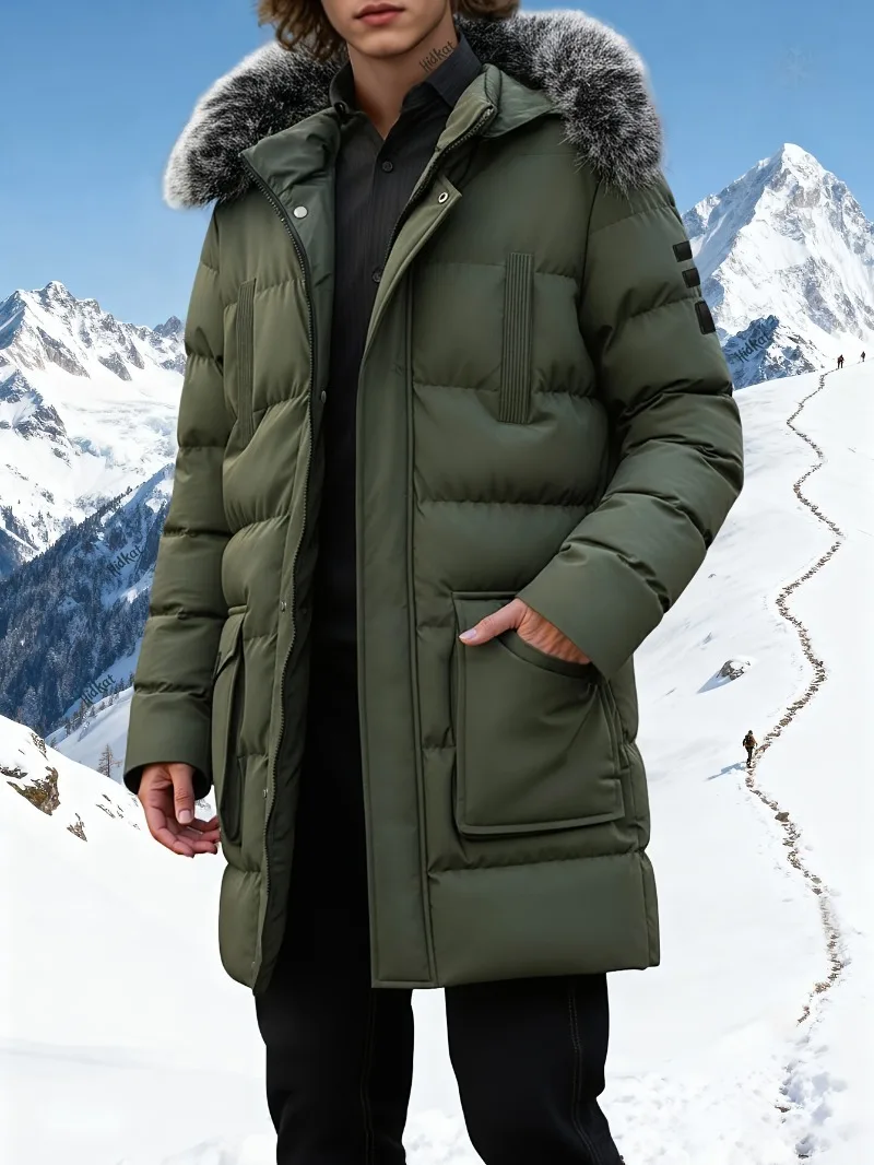 

Men'S Winter Jacket Mid-Length Padded Jacket with Detachable Faux Fur Hood - Thickened Insulated Coat, Zipper Closure