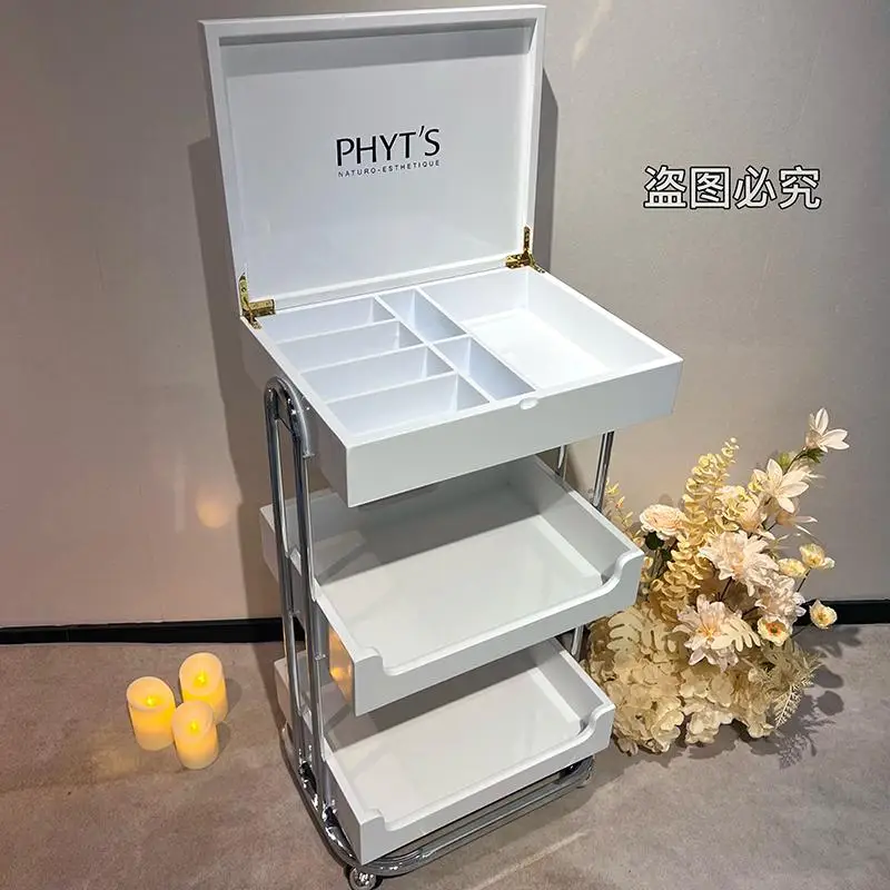 

Beauty salon cart Wood paint Flip tool cart Customized logo Mobile rack Skin management trolley