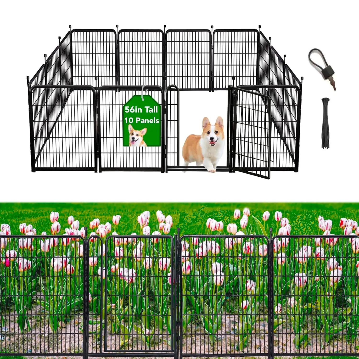 4.6ft Metal Garden Fence for Dogs, 10 Panels 22.1Ft with 21in Gate & Low Sill, Animal Barrier Flower Bed Border, Customized