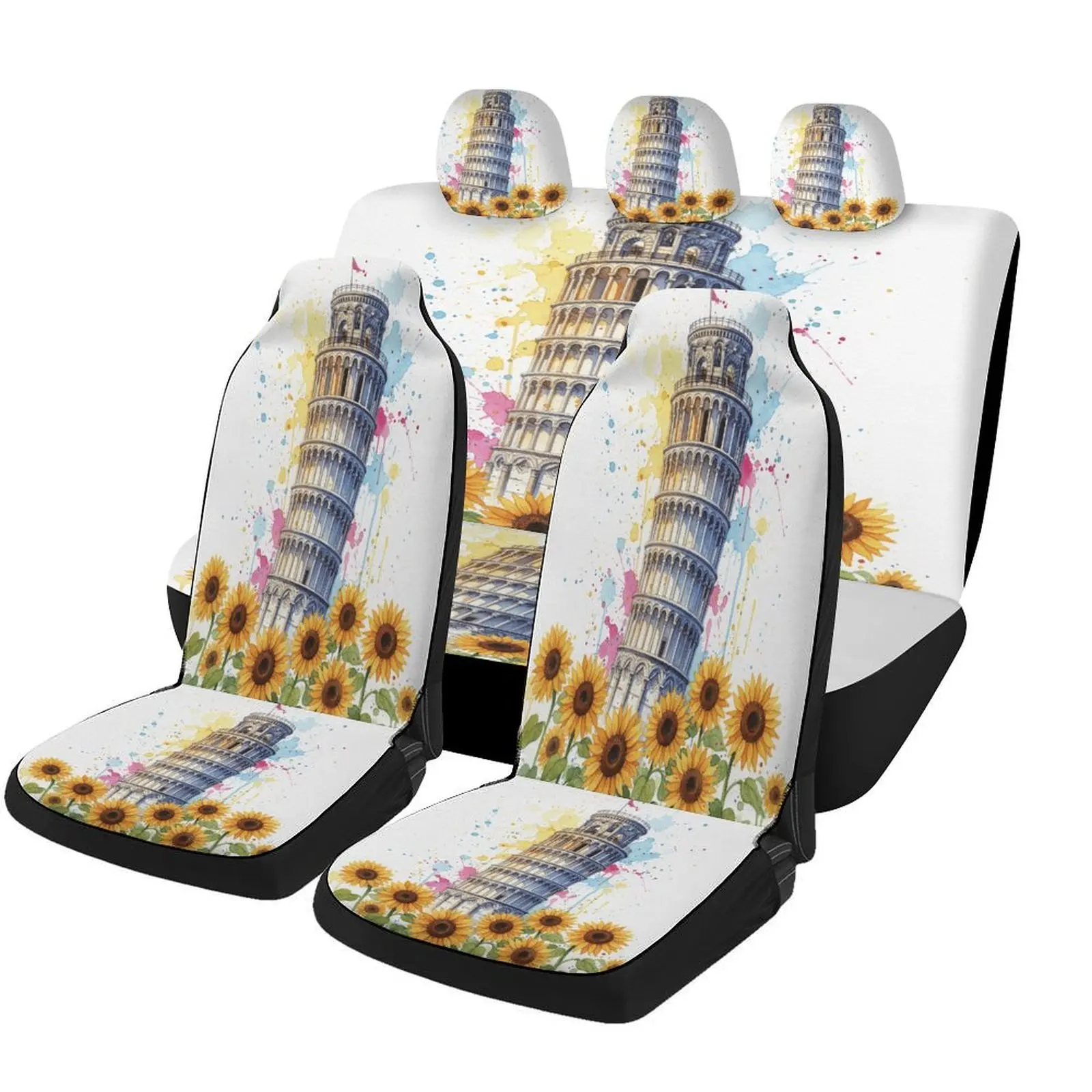 Sunflowers And Tower Designed Car Seat Covers Set For Most Cars, Trendy Breathable Decorative Car Seat Protector Covers Full Set