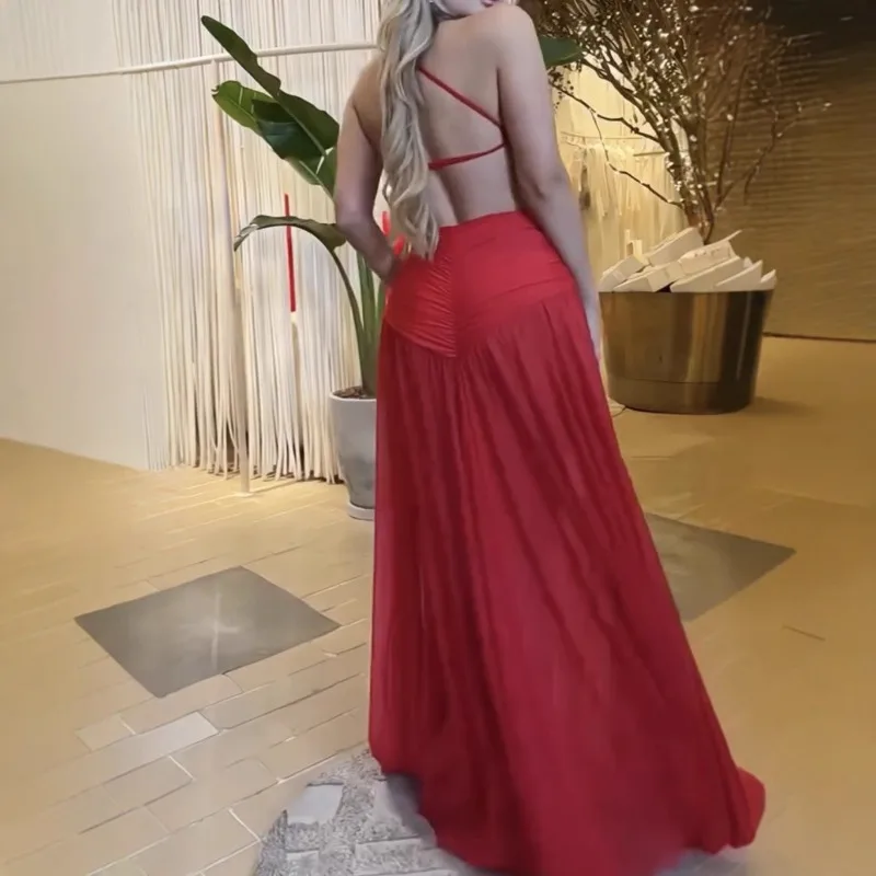 เซ็กซี่Hollow Out PartyชุดSveless Backlessตาข่ายMaxiหญิงชุดราตรี 2025 ฤดูใบไม้ผลิฤดูร้อนB Bea Slip Lady Robe